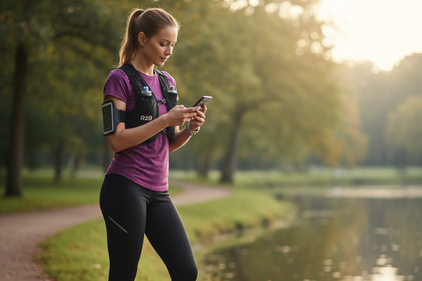 Een vrouwelijke hardloopster die langs een rustig pad haar hardloopschema leest voordat ze aan haar training begint.