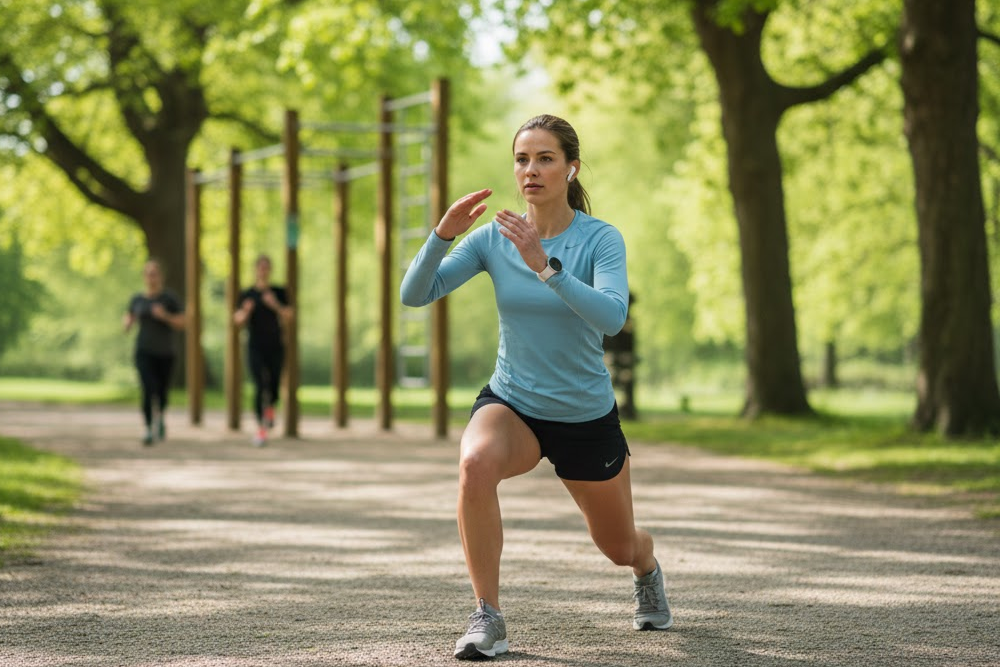 Hardloper die een dynamische warming up oefening doet, zoals knieheffen of lunges, op een parkpad als voorbereiding op een hardlooptraining.