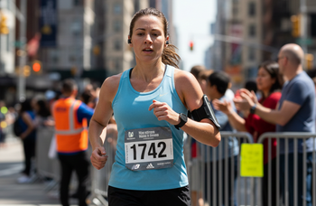 Hardloper die midden in een marathon door de stad rent, met startnummer, gefocuste blik en constante pas, omringd door hoge gebouwen en toeschouwers langs de route.