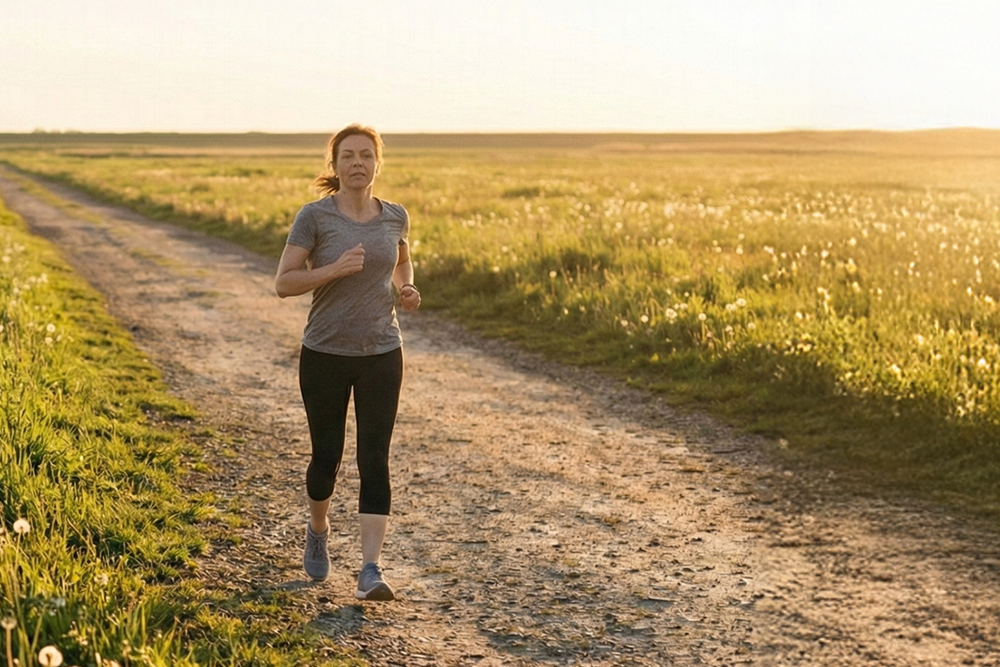 Hardloper die op rustig tempo traint in het park als voorbeeld van gezond hardlopen per week