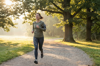 Hardloper die op rustig tempo traint in het park als voorbereiding op 5 km hardlopen