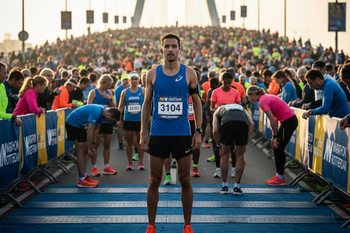 Hardloper in het startvak van de Marathon van Rotterdam, gefocust vooruitkijkend richting de Erasmusbrug, met startnummer en telefoonhouder om de arm, omringd door andere deelnemers in de ochtendsfeer.