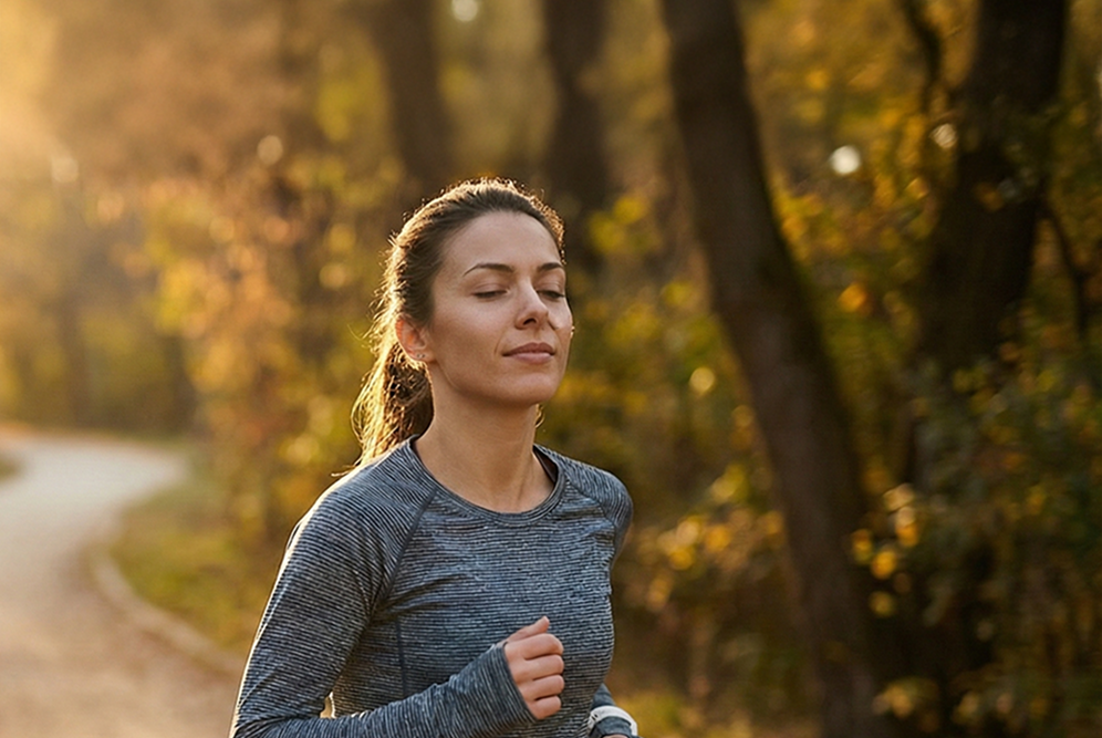 hardloper in profiel ademt rustig door de neus tijdens ontspannen run bij laagstaande zon