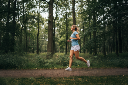 hardloper in stadspark met lichte sportkleding en glimlach