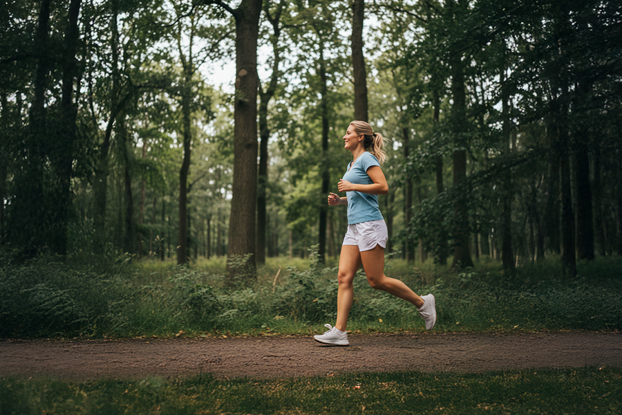 hardloper in stadspark met lichte sportkleding en glimlach