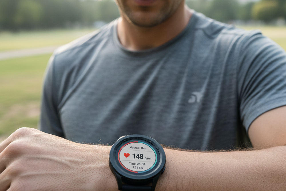 Hardloper kijkt tijdens training op Samsung sporthorloge met hartslagmeting en actieve workoutmodus zichtbaar op helder AMOLED scherm