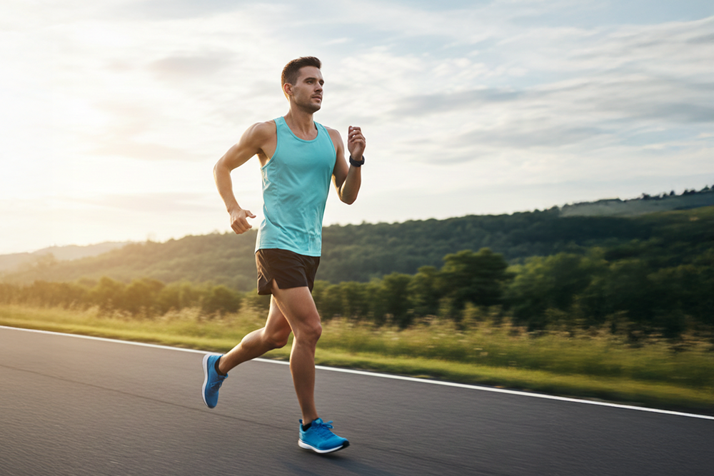 Hardloper komt schuin aanrennen met korte passen om sneller te lopen.