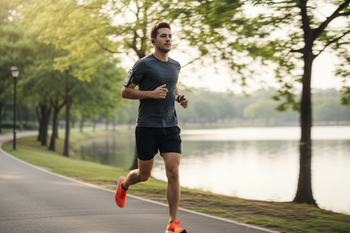 Hardloper tijdens een langzame duurloop op een rustige route, met ontspannen tempo en constante hartslag om het uithoudingsvermogen en de looptechniek te verbeteren.