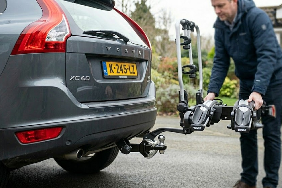 Persoon plaatst fietsendrager op trekhaak achterzijde van auto tijdens montage op oprit