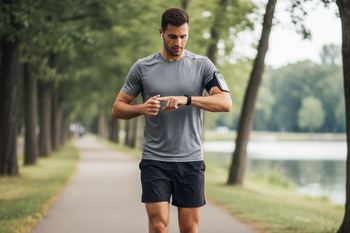 Sporter die tijdens het hardlopen op zijn telefoonhouder kijkt om de duur van zijn training te controleren, met een geconcentreerde blik en een rustig pad op de achtergrond.