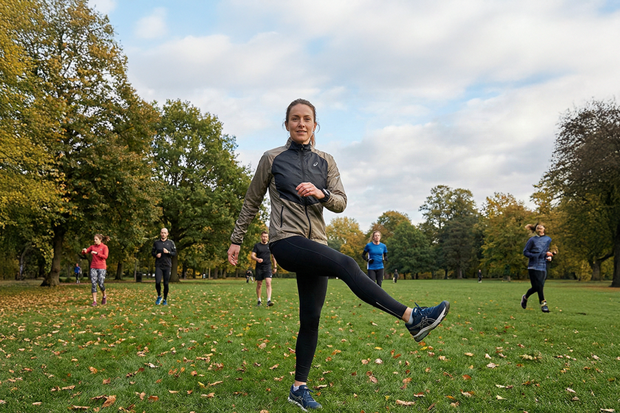 Vrouwelijke hardloopster die in het park dynamische oefeningen hardlopen uitvoert als warming-up vóór een training