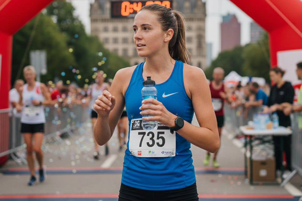 Vrouwelijke hardloper die na een halve marathon hydrateert met een waterfles, met startnummer nog op en een ontspannen houding tijdens het herstelmoment.
