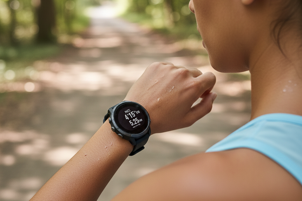 vrouwelijke hardloper kijkt naar sporthorloge om hardloop snelheid berekenen