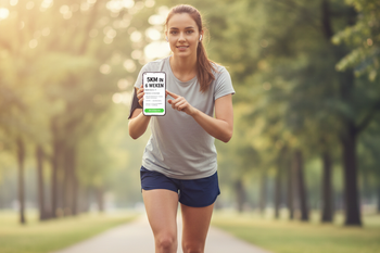 Vrouwelijke sporter die op het punt staat te beginnen aan haar hardloopschema, met smartphone in een armbandhouder, gefocuste houding en een rustig parkpad op de achtergrond.