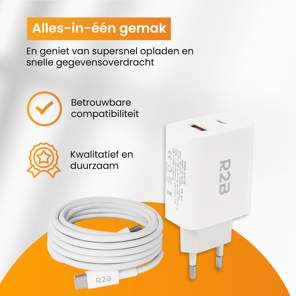 R2B USB-C naar USB-C Kabel met USB-A & USB-C Adapter - 1 Meter - Snelladen