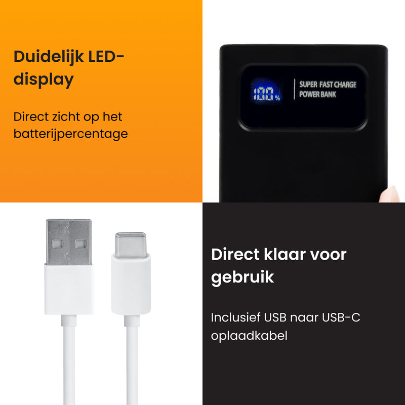R2B Powerbank 10.000 mAh - 2 tot 4 Keer Opladen - Snelladen - Licht & Compact