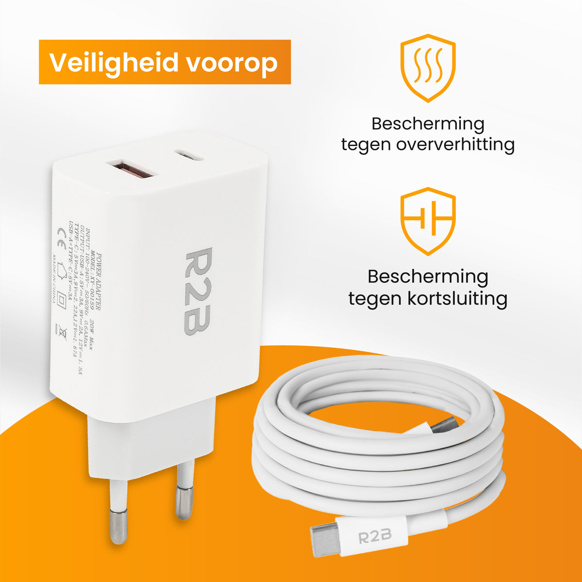 R2B USB-C naar USB-C Kabel met USB-A & USB-C Adapter - 2 Meter - Snelladen