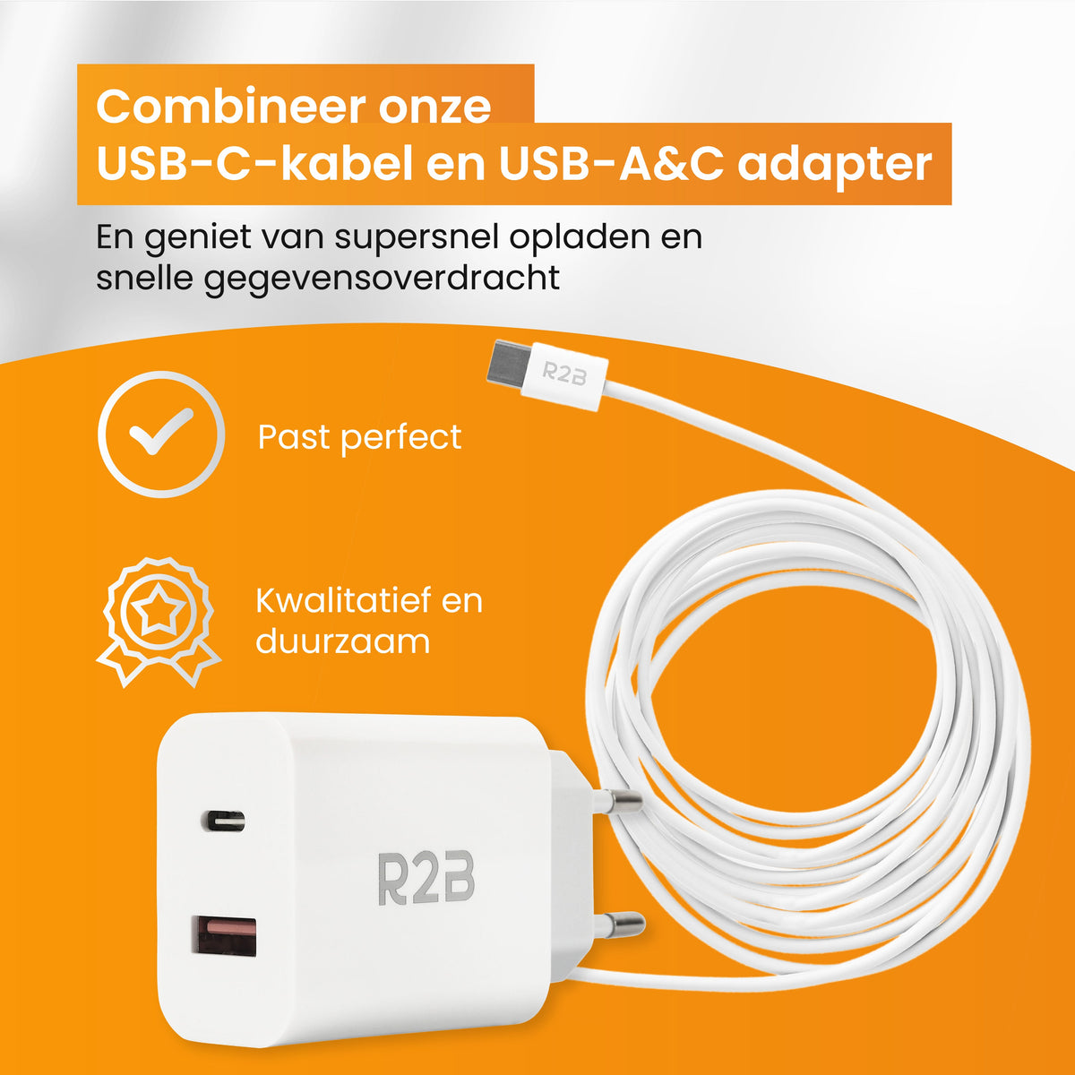 R2B USB-C naar USB-C Kabel met USB-A & USB-C Adapter - 2 Meter - Snelladen