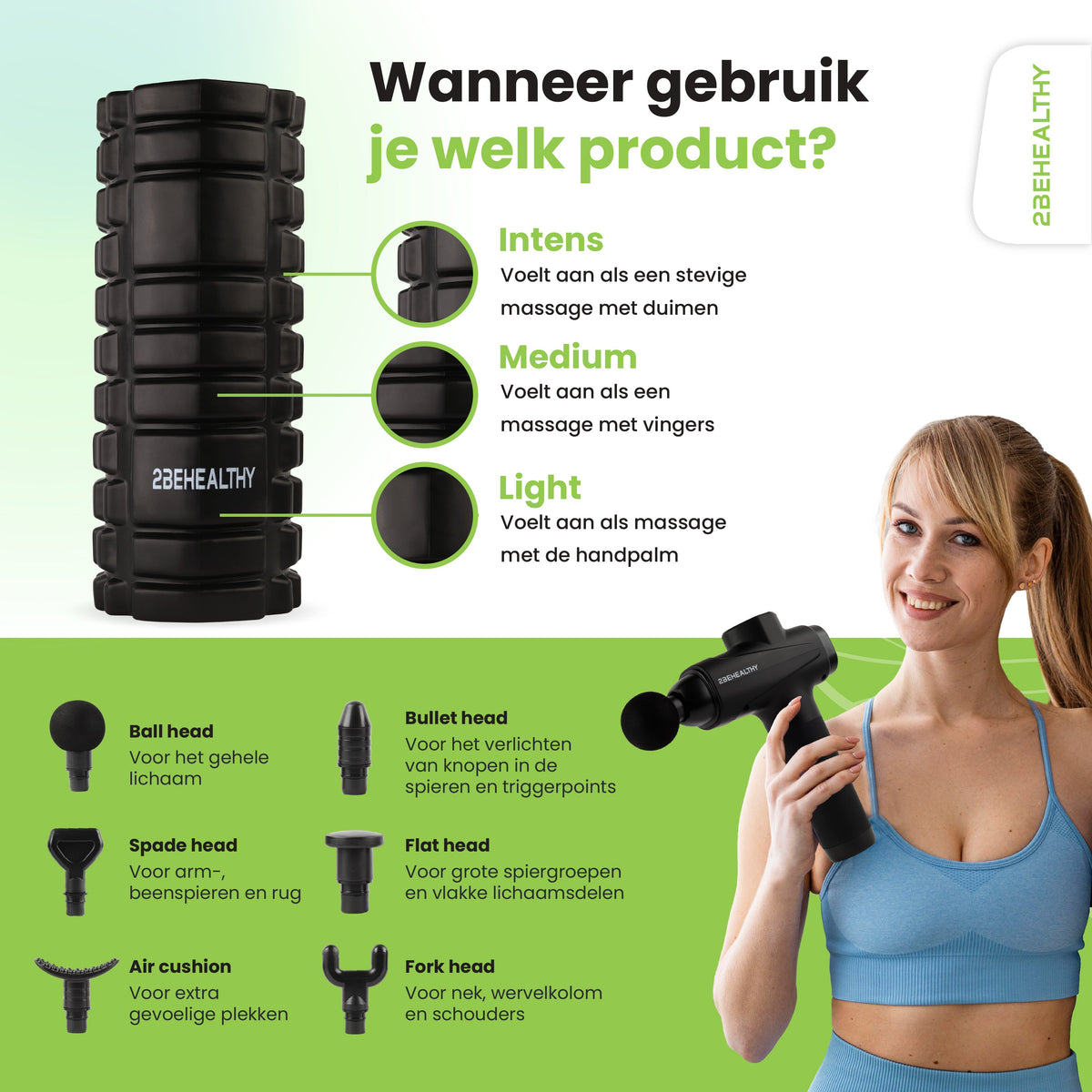 2BEHEALTHY Massage Gun & Foam Roller - Incl. 6 Opzetstukken