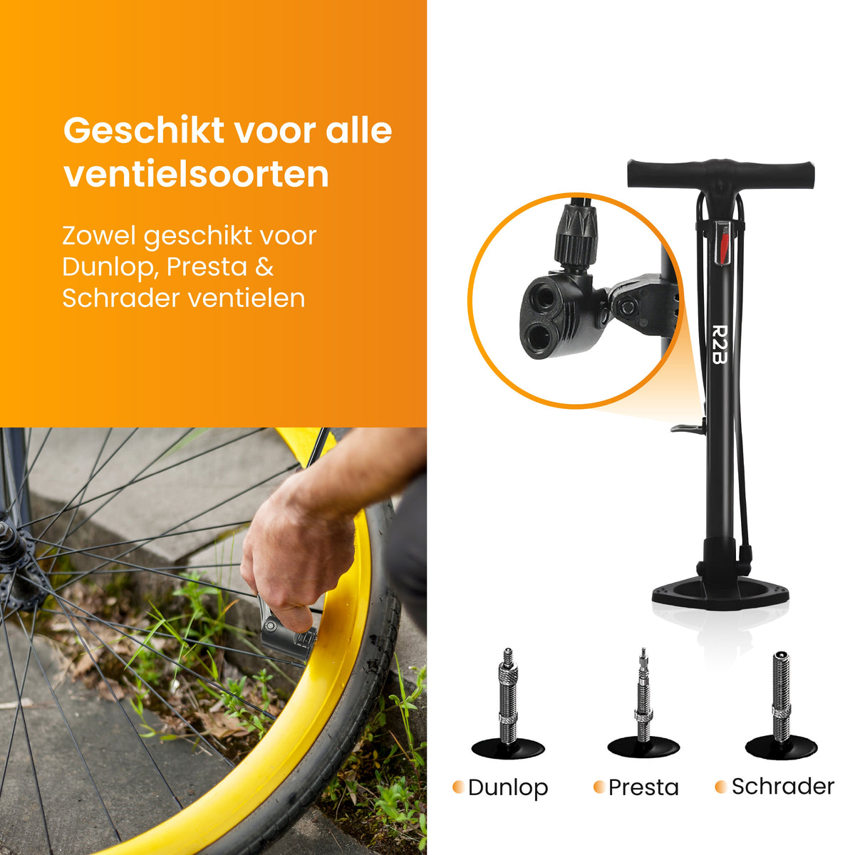R2B Fietspomp met Dubbele Ventielkop - Incl. Opzetstuk voor Luchtbed
