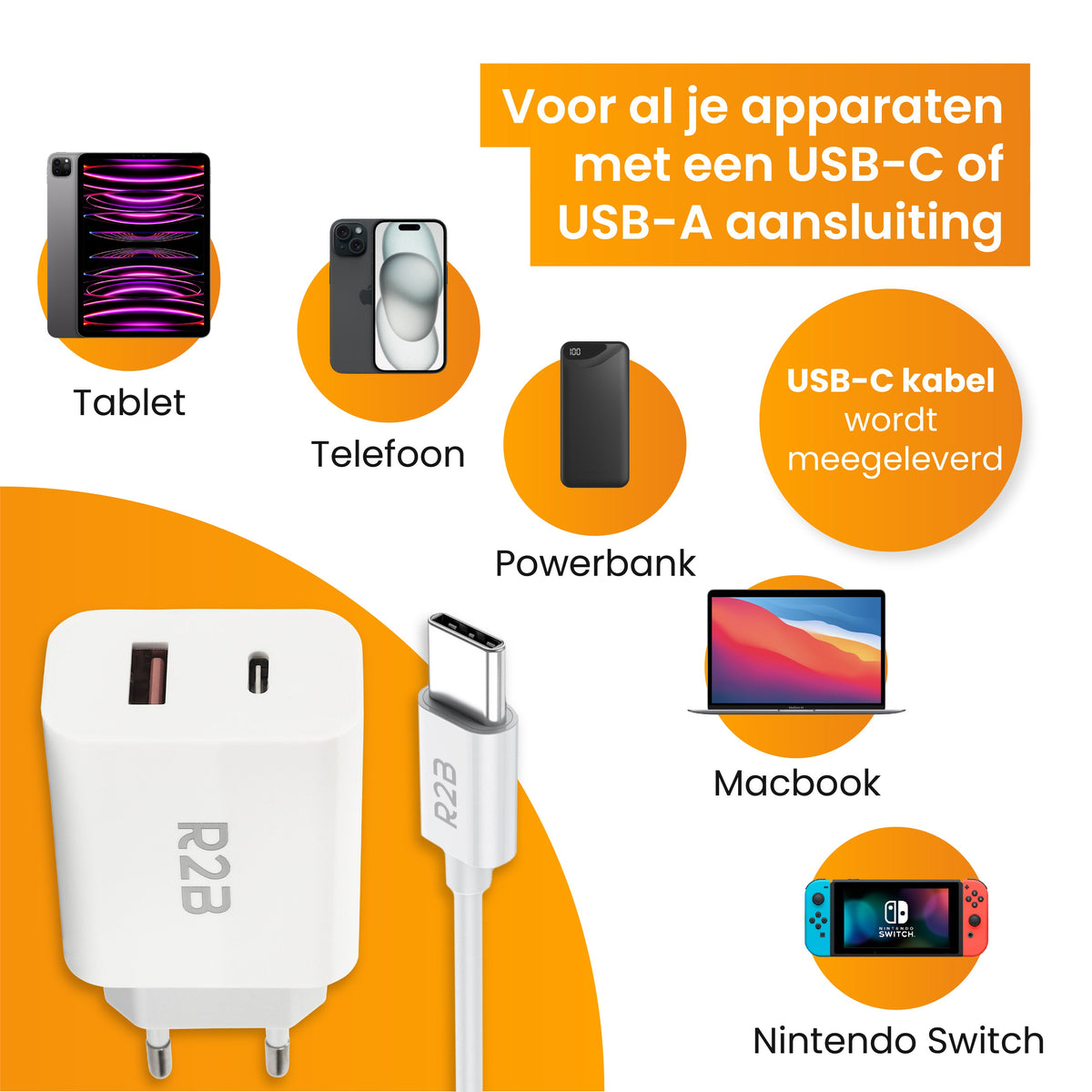R2B USB-C naar USB-C Kabel met USB-A & USB-C Adapter - 2 Meter - Snelladen