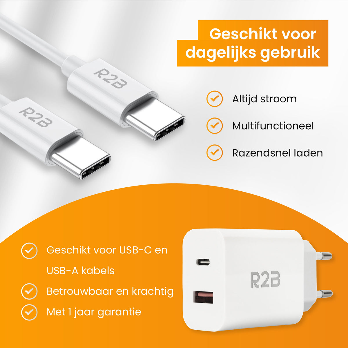 R2B USB-C naar USB-C Kabel met USB-A & USB-C Adapter - 1 Meter - Snelladen