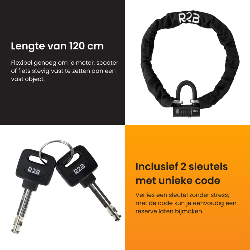 R2B Motorslot ART4 - Kettingslot voor Scooter & Motor - Gecertificeerd & Verzekeringsgeschikt - 2 Sleutels
