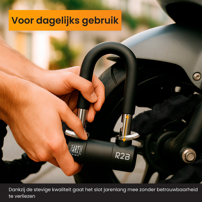 R2B Motorslot ART4 - Kettingslot voor Scooter & Motor - Gecertificeerd & Verzekeringsgeschikt - 2 Sleutels
