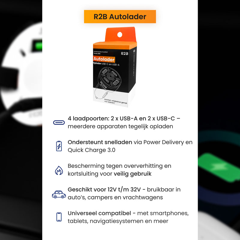 R2B Car Charger USB-C &amp; USB-A - 4 Ports - Safe &amp; Compact - Fast Charger for 12V Connection - White