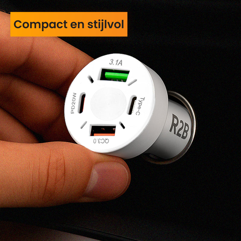 R2B Car Charger USB-C &amp; USB-A - 4 Ports - Safe &amp; Compact - Fast Charger for 12V Connection - White