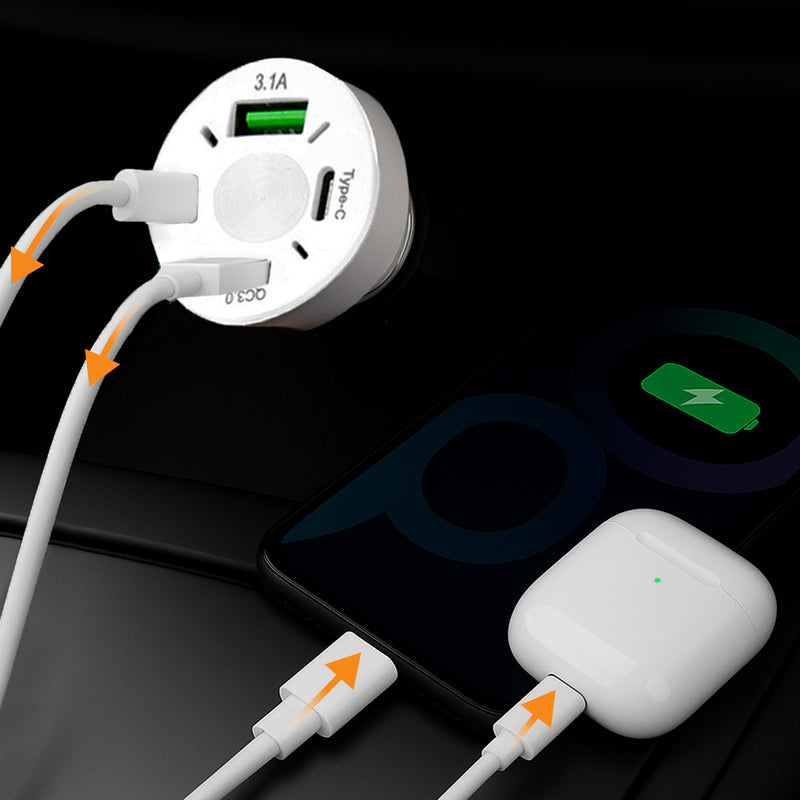 R2B Car Charger USB-C &amp; USB-A - 4 Ports - Safe &amp; Compact - Fast Charger for 12V Connection - White