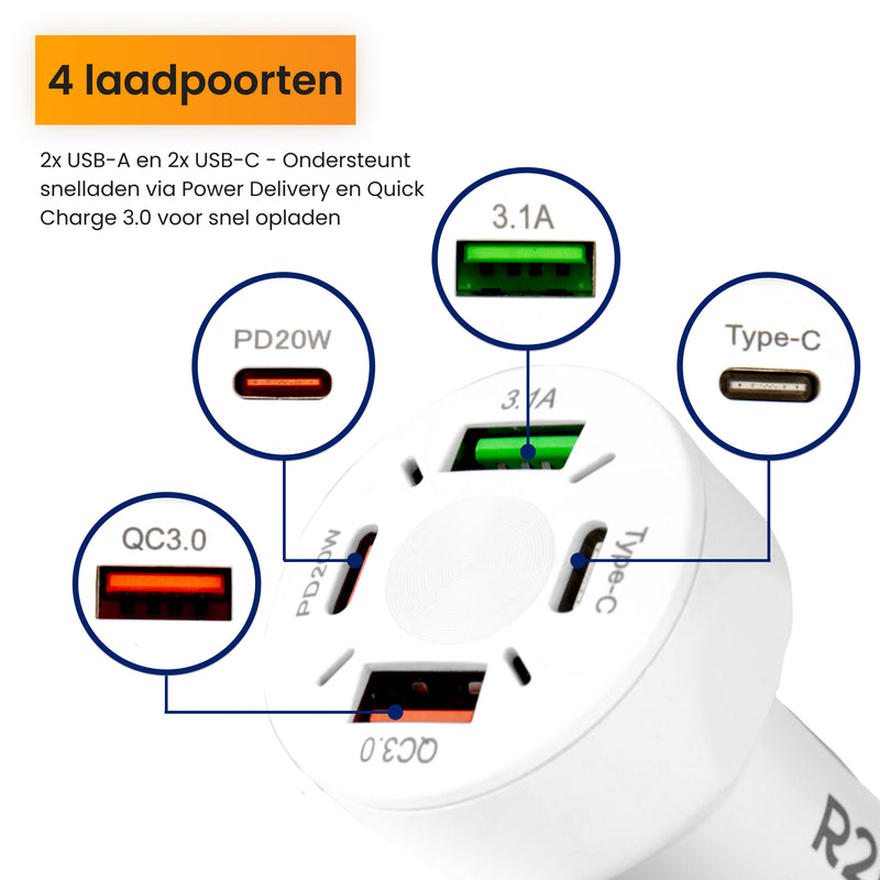 R2B Car Charger USB-C &amp; USB-A - 4 Ports - Safe &amp; Compact - Fast Charger for 12V Connection - White