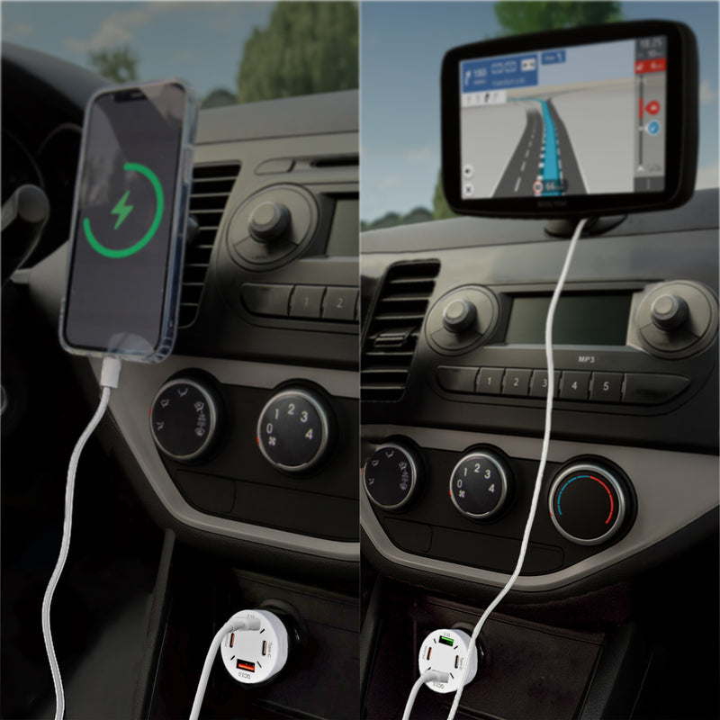 R2B Car Charger USB-C &amp; USB-A - 4 Ports - Safe &amp; Compact - Fast Charger for 12V Connection - White