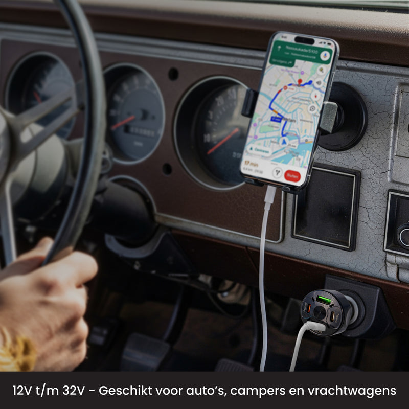 R2B Car Charger USB-C &amp; USB-A - 4 Ports - Safe &amp; Compact - Fast Charger for 12V Connection - Black