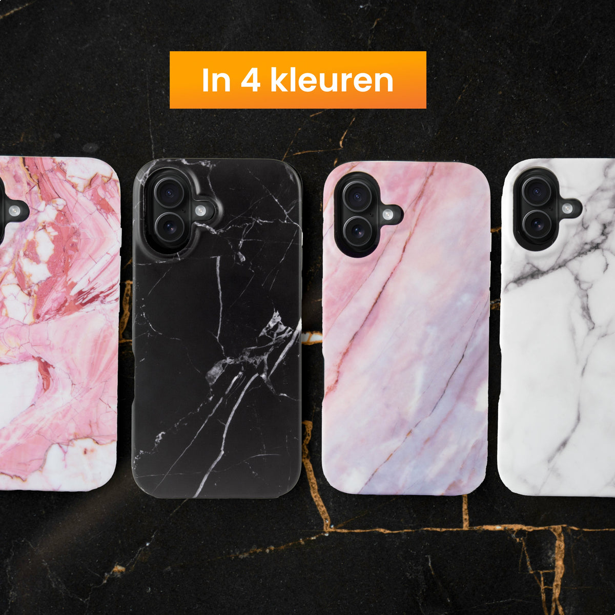 R2B iPhone 16 Marmerlook Hoesje - Incl. Screenprotector - Roze/Wit/Oranje - Telefoonhoesje