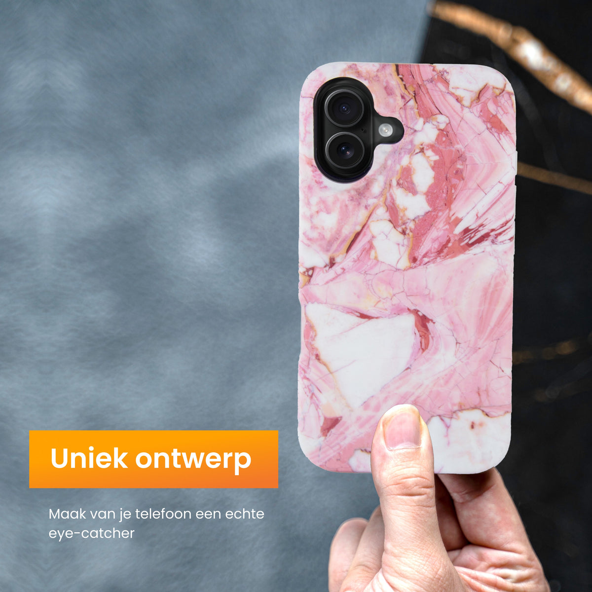 R2B iPhone 16 Marmerlook Hoesje - Incl. Screenprotector - Roze/Wit/Oranje - Telefoonhoesje