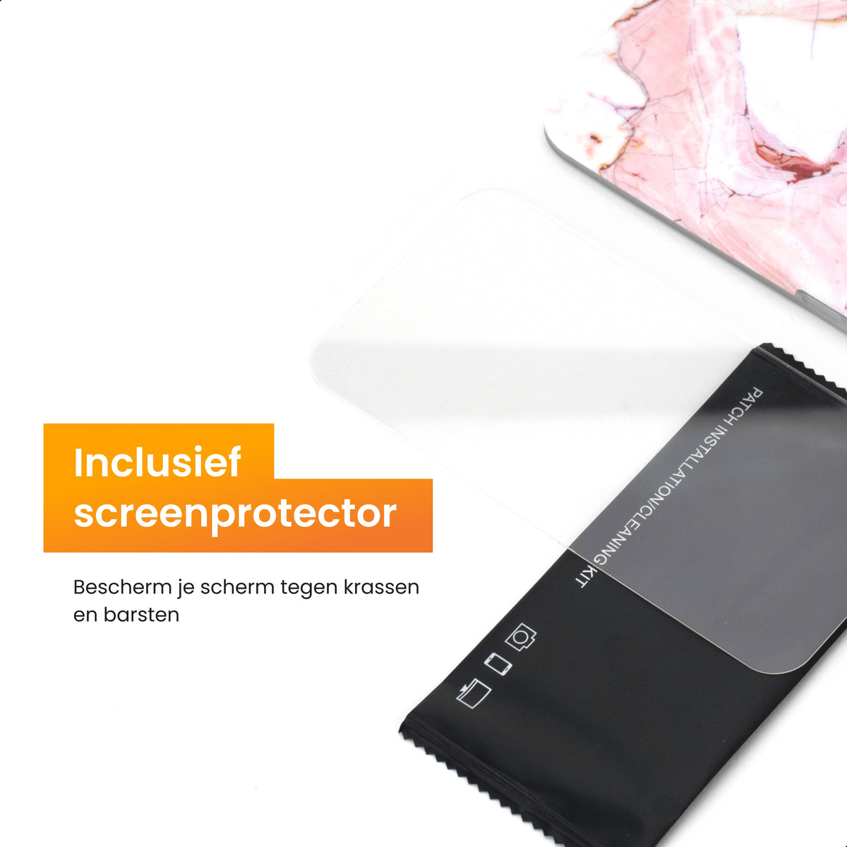 R2B iPhone 16 Marmerlook Hoesje - Incl. Screenprotector - Roze/Wit/Oranje - Telefoonhoesje
