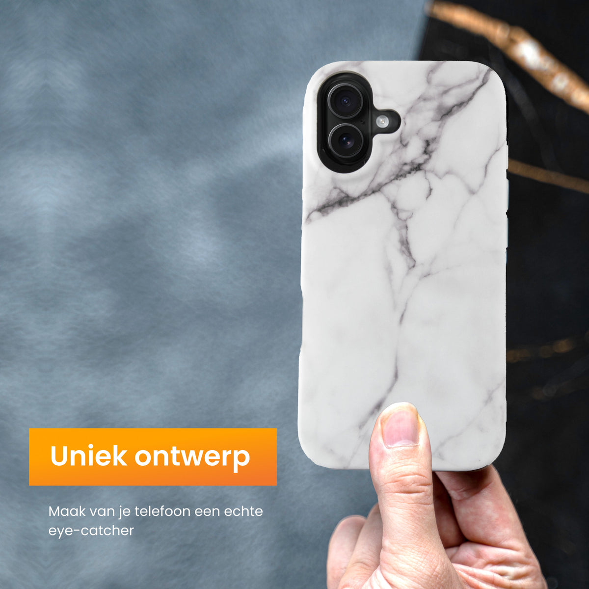 R2B iPhone 16 Marmerlook Hoesje - Incl. Screenprotector - Wit - Telefoonhoesje