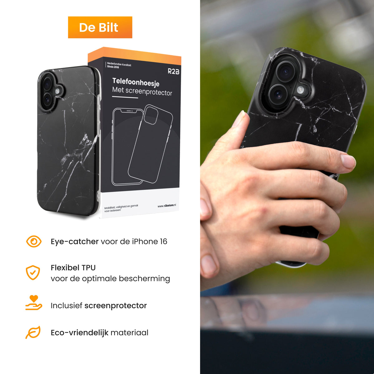 R2B iPhone 16 Marmerlook Hoesje - Incl. Screenprotector - Zwart - Telefoonhoesje
