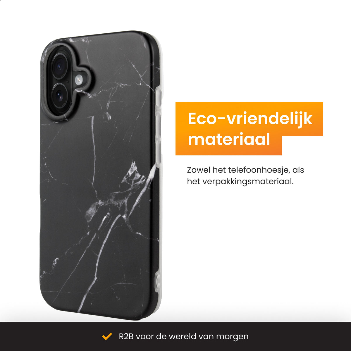 R2B iPhone 16 Marmerlook Hoesje - Incl. Screenprotector - Zwart - Telefoonhoesje