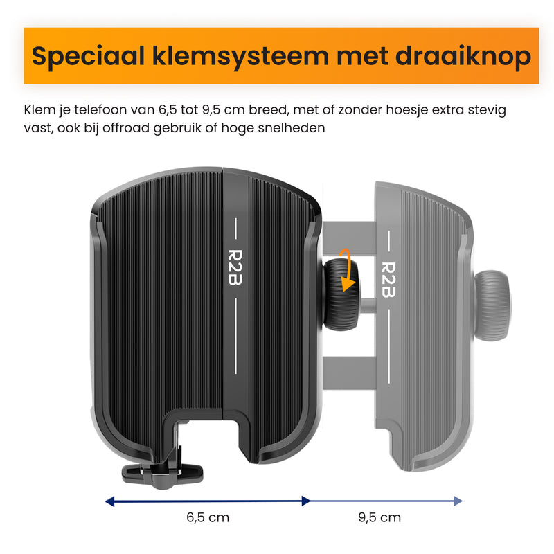 R2B Phone Holder Bicycle, Motorcycle, Scooter - Sturdy Swivel Clamp - 360° Rotation &amp; Tilt - Shockproof