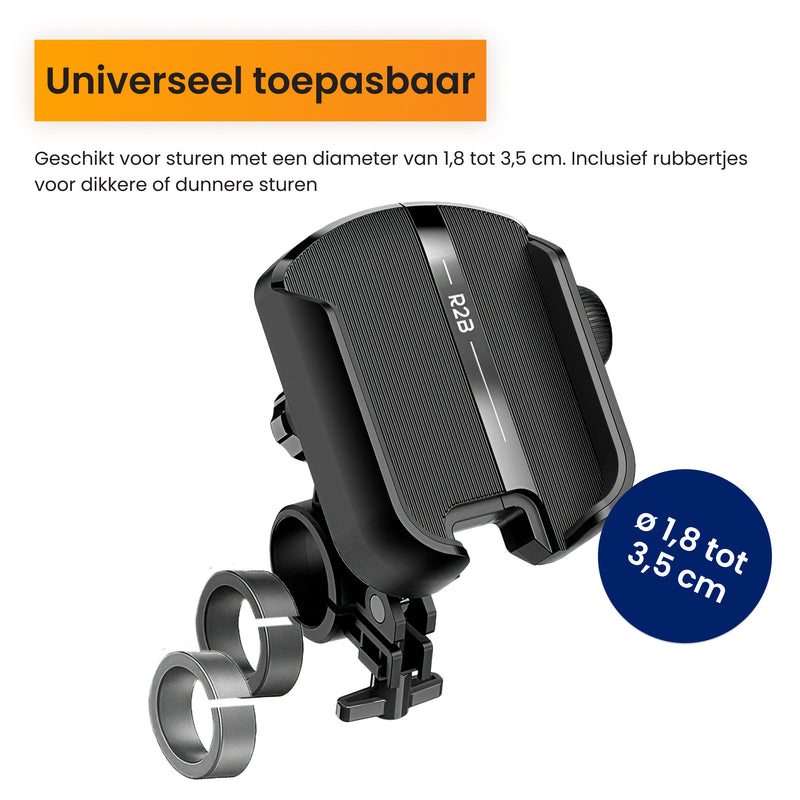 R2B Phone Holder Bicycle, Motorcycle, Scooter - Sturdy Swivel Clamp - 360° Rotation &amp; Tilt - Shockproof