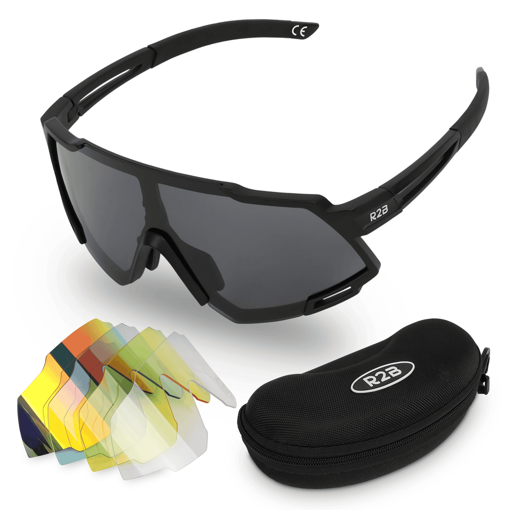 R2B Fietsbril met 5 verwisselbare lenzen voor elk weertype - Unisex & Universeel - Sportbril - Zonnebril voor Heren en Dames - Fietsaccessoires - Zwart
