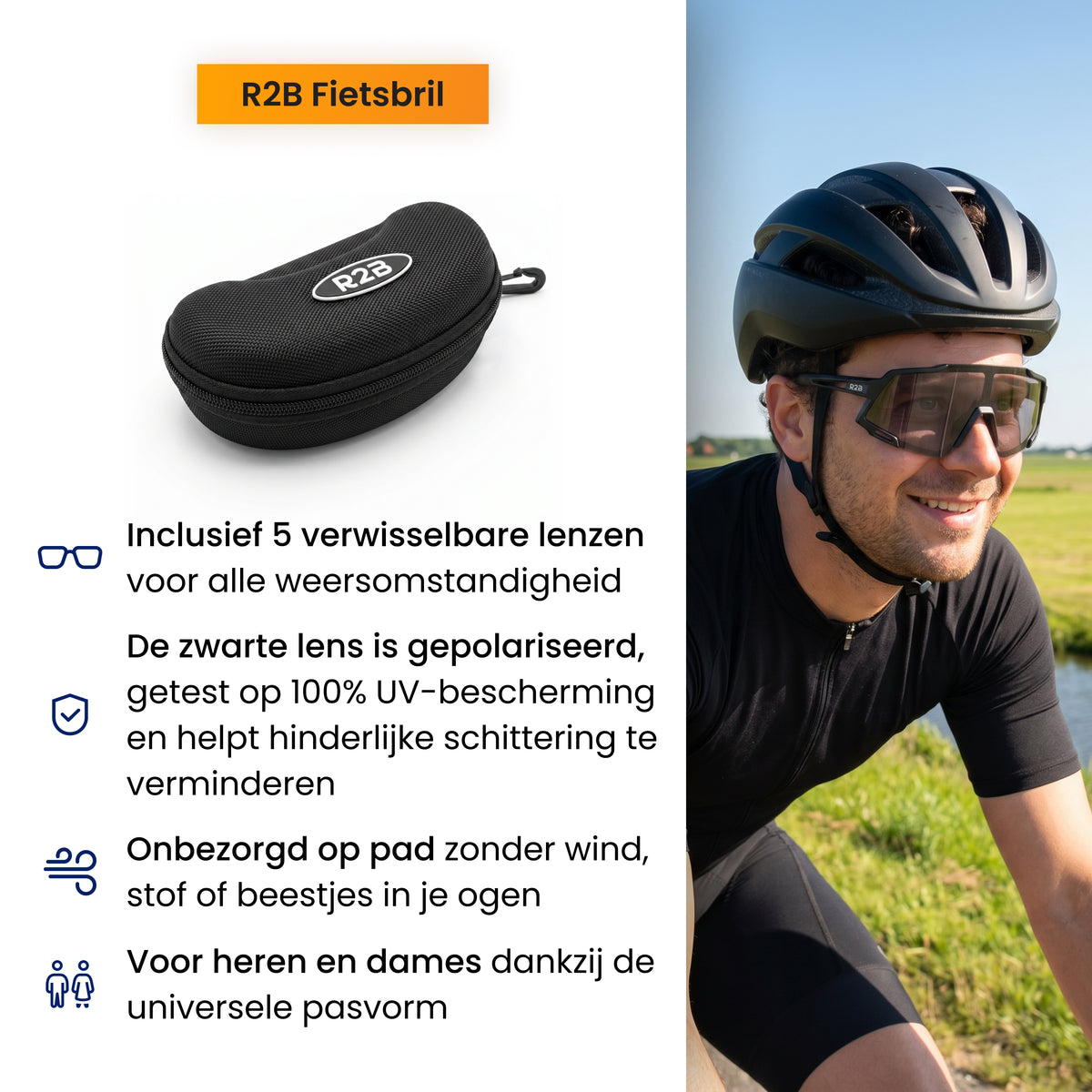 R2B Cycling Glasses - Includes 5 Lenses &amp; Case - 100% UV Protection - Men &amp; Women - Black