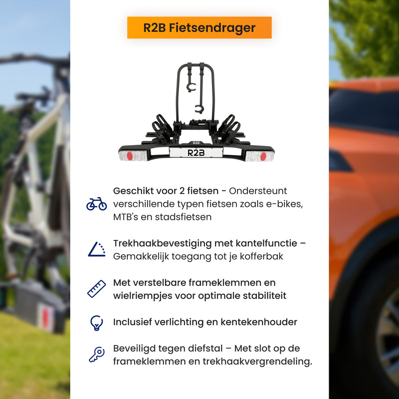 R2B Bike Carrier Car - Suitable for 2 Bicycles - Foldable and Tiltable - 60 KG Load Capacity - 13 Pin