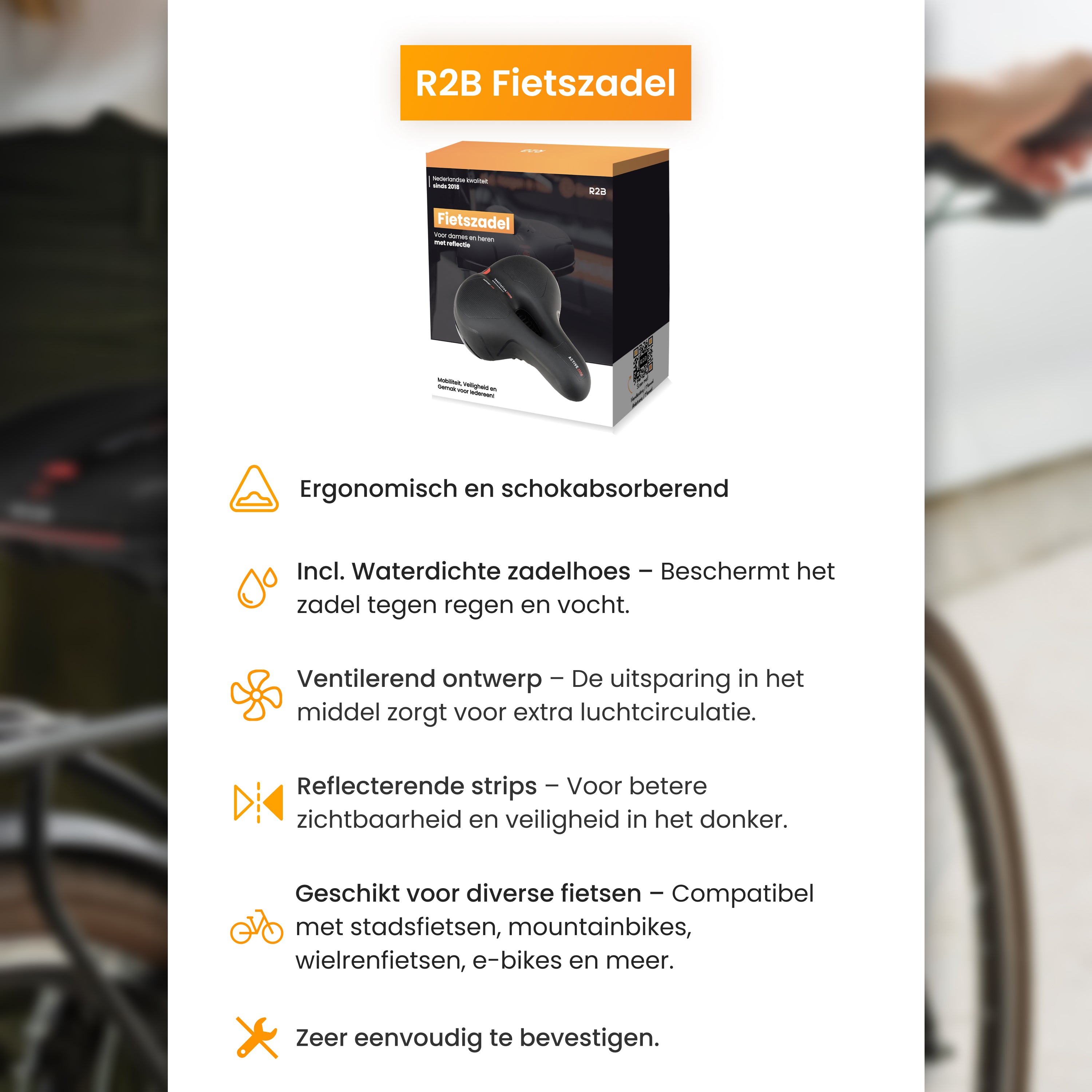 R2B fietszadel voor Dames en Heren met reflectie - Gelzadel - Waterdichte zadelhoes