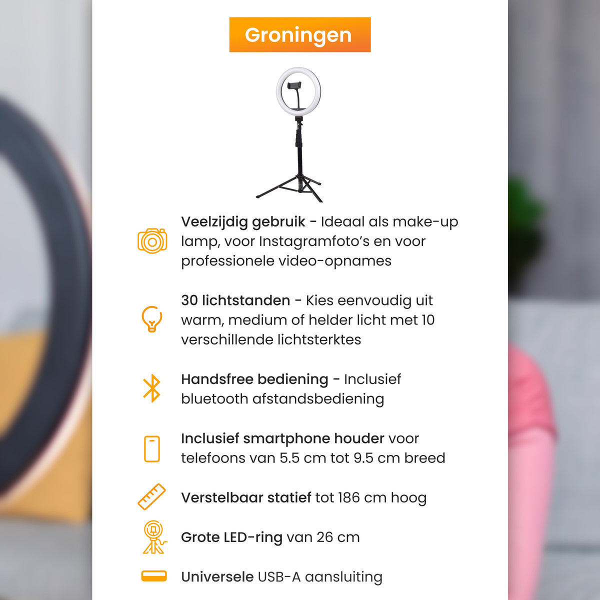 R2B Ringlamp met Statief met 30 Lichtstanden - Verstelbaar tot 186 cm - TikTok Lamp - Ringlamp
