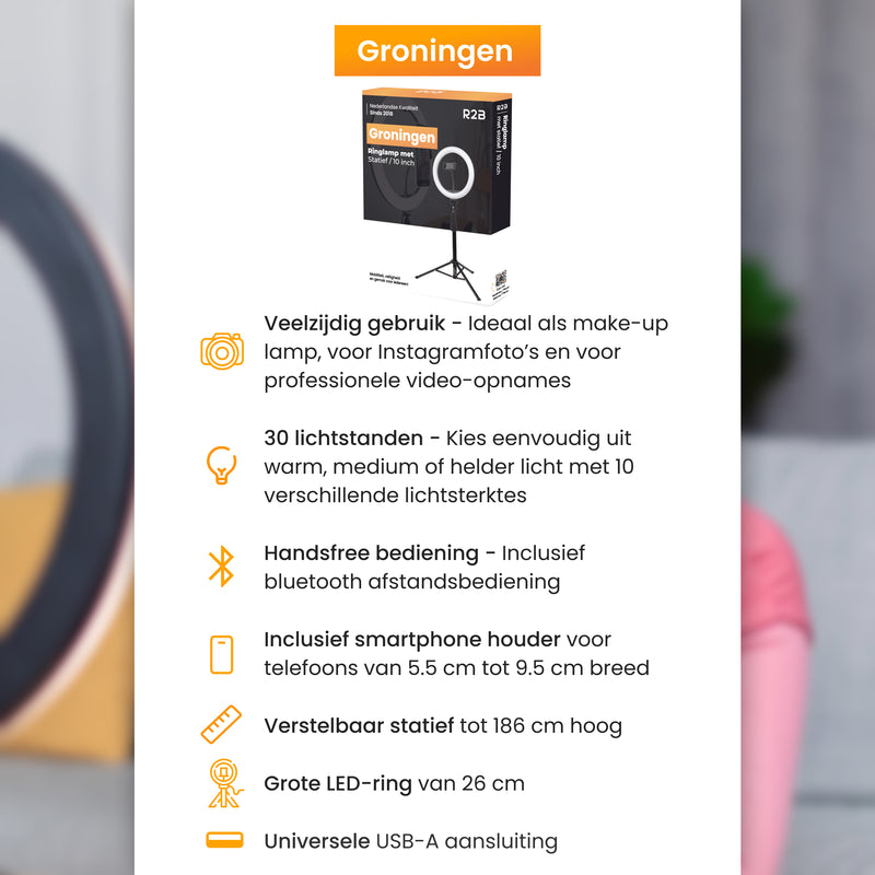 R2B Ringlamp met statief verstelbaar tot 186 cm en 30 lichtstanden- Tiktok lamp - Model Groningen - Ringlamp