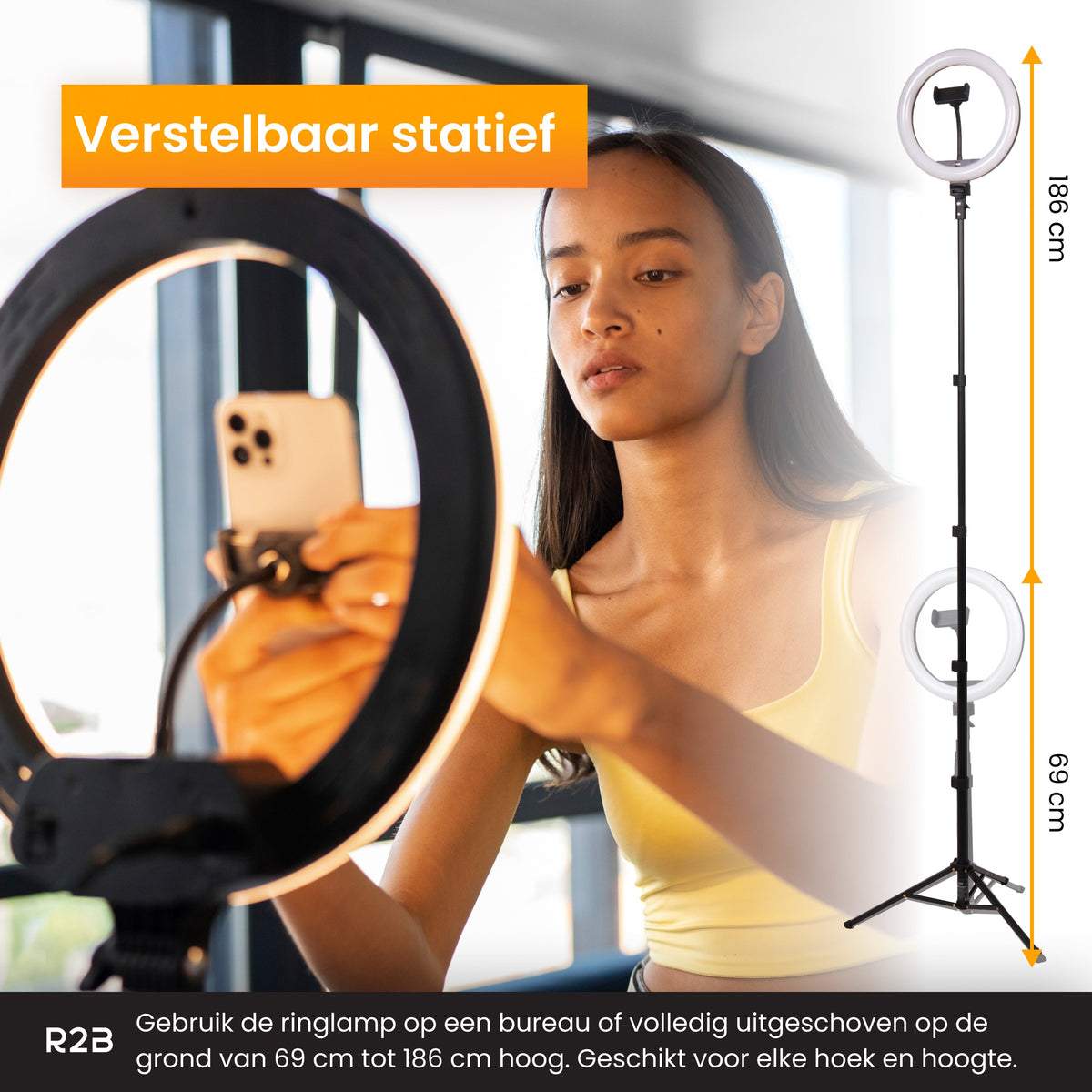 R2B Ringlamp met Statief met 30 Lichtstanden - Verstelbaar tot 186 cm - TikTok Lamp - Ringlamp