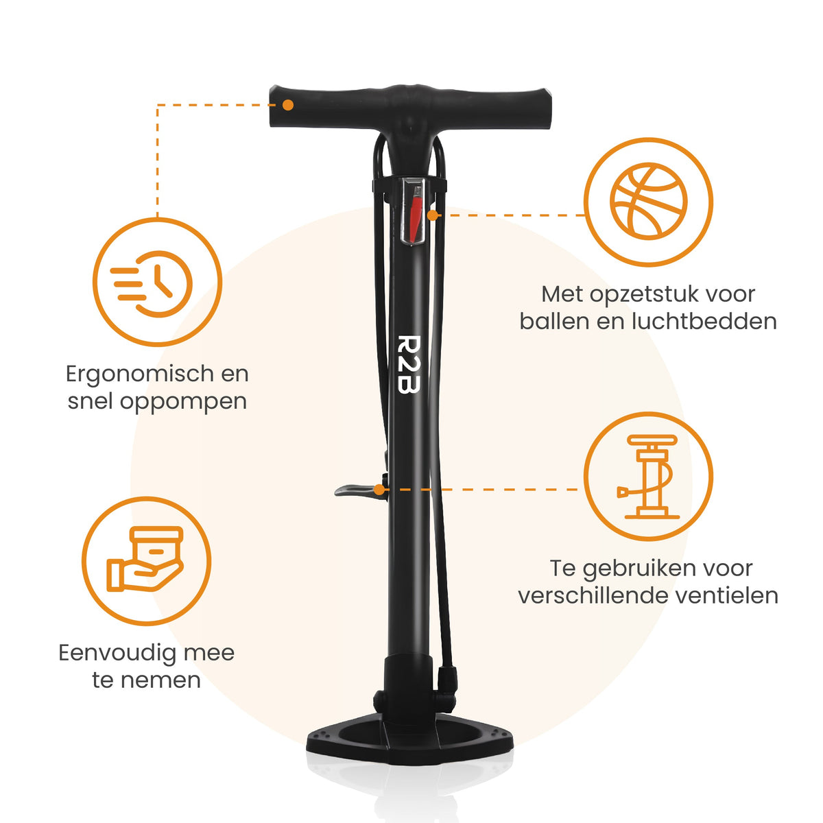 R2B Fietspomp met Dubbele Ventielkop - Incl. Opzetstuk voor Luchtbed